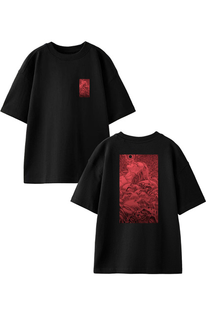 Unisex Black Oversize Cotton Red Women's Sun Front and Back Printed Knitted T-Shirt