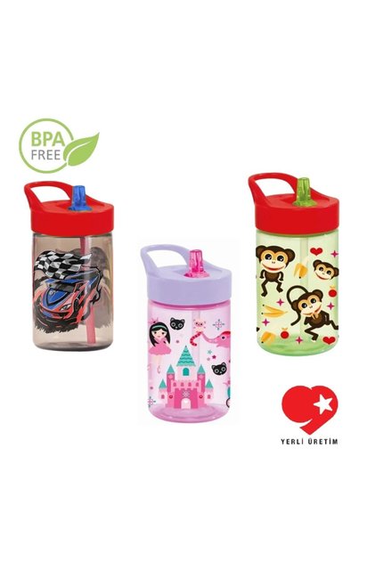 3 Adet Set Bpa Free 430 Cc Araba, Prenses Ve Maymun Desenli Pipetli Matara