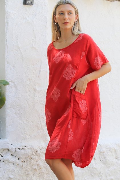 Italian Red Boat Neck Short Sleeve Pocketed Allover Printed Woven Casual Linen Blend Dress