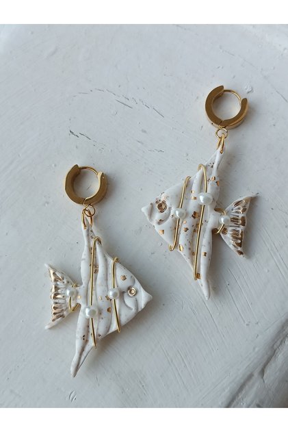 Angelfish White Women's Earrings Special Design Pearl&Gold Detail Polymer Clay Steel Earrings