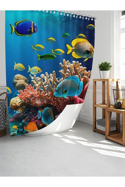 Banyo Duş Perdesi Balık Desenli SuAltı Dijital Baskılı Banyo Perdesi, Tek Kanat C Halkalı-180x200 cm