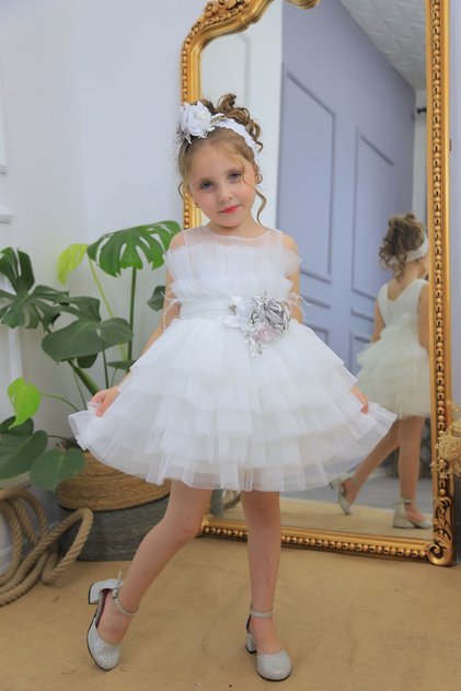 Flower-Detail Short Tulle Skirt Girls' Evening Dress