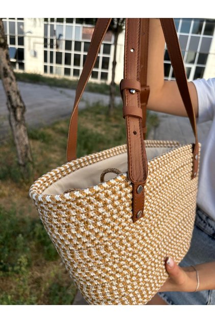 Geantă de umăr Aura din piele naturală pentru femei, din paie de iută