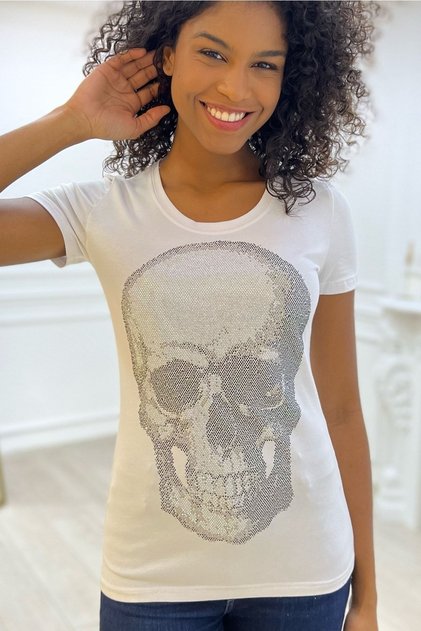 Beyaz Premium Pamuk Kurukafa Crystal Taşlı Bisiklet Yaka Kısa Kol Kadın T-shirt