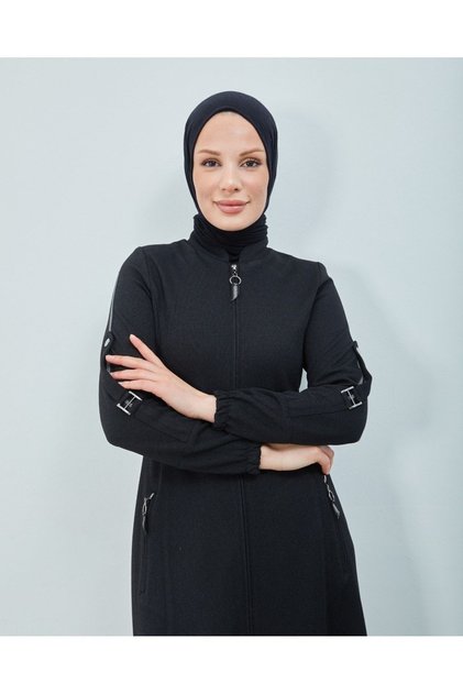 Maya Fabric Black Overcoat with Stripe Detail on the Sleeve