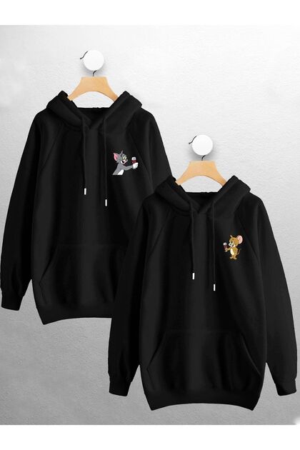 Sevgili Çift Kombini Tom Ve Jerry Rakı Bira Şarap Göğüs Baskılı Kapüşonlu Sweatshirt 2li Set Takım