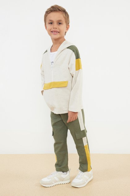Beige Boys' Seasonal-Thin Color-Blocked Cotton Knitted Bottom-Top Suit Tkdaw25Au00043