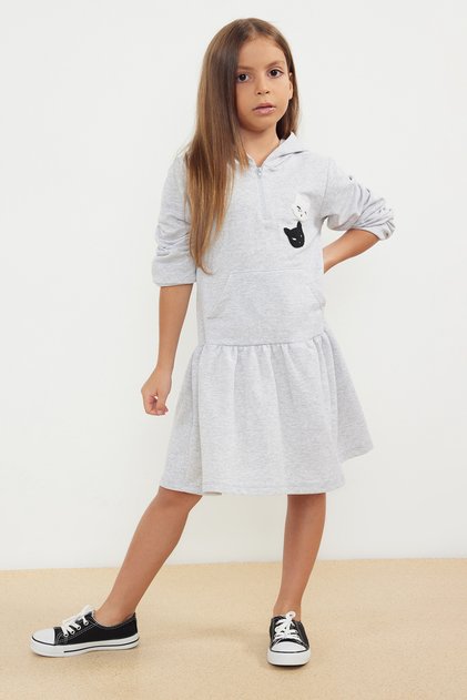 Gray Melange Girls' Seasonal-Thin Kangaroo Pocket Hooded Cotton Knitted Dress Tkdaw25El00014