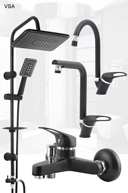 VSA Mat Delta Siyah Robot Yağmurlama Tepe Duş Seti Banyo Lavabo