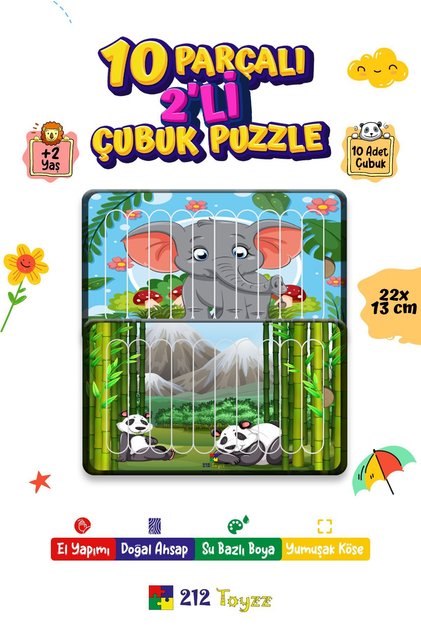 Eğitici Öğretici Sevimli Fil+Sevimli Panda Dikey 10 Parçalı Ahşap Çubuk Yap Boz Puzzle 2li Set