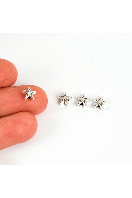 10 Adet - 7 Mm, Yıldız Desenli Metal Uç, Ortadan Delik Zamak Ara Parça, Boyalı Gümüş Renk, 1. Kalite