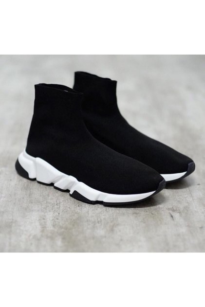 Siyah Bağcıksız Streç Bez Çorap Ayakkabı Sneaker Kadın Ve Erkek - Geniş Kalıp