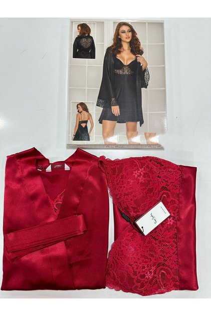 Satin Lace Nightgown and Dressing Gown Set - 4090