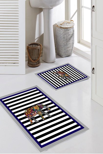 Striped Elephant Patterned 2-Piece Large Size Bath Mat Set