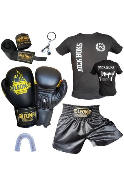 Siyah Boks Eldiveni + Leon Kick Boks Şortu + Tişört + Bandaj + Dişlik Seti
