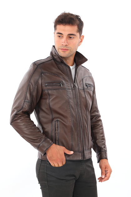 Men's Brown Genuine Leather Coat with Punt