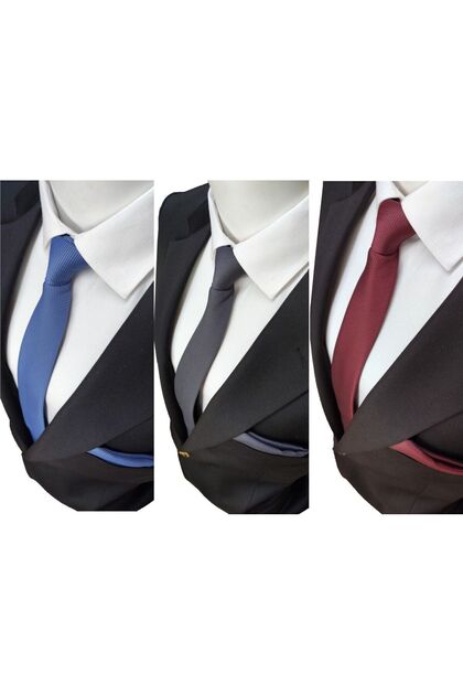 Indigo Blue - Anthracite Gray - Claret Red Color 3-Piece Dobby Tie and Handkerchief Set