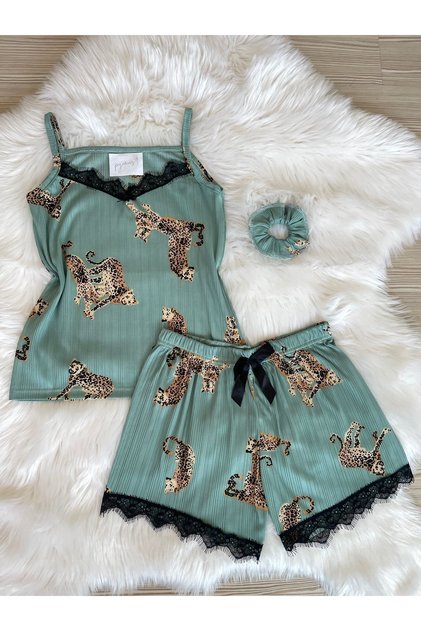 Green Tiger Patterned Shorts Pegasus Pajama Set