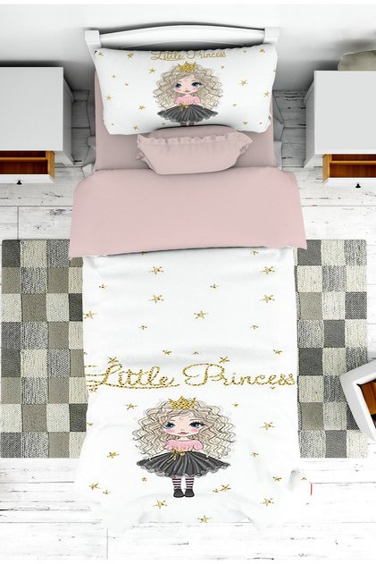 Baby and Children's Room Gold Detail Princess Patterned Girl's Bedspread and Pillowcase Pique