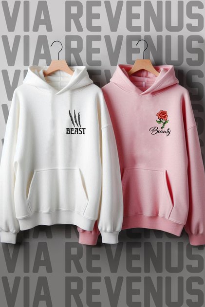 Beauty and the Beast Printed Oversize Pink and White Lover Combination Sweatshirt