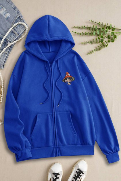 Women's Hooded Mushroom Girl Printed Zipper Sweatshirt Fleece Jacket