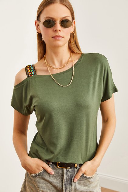 Women's Khaki One-Shoulder Ethnic Embellished Blouse Blz-19000194