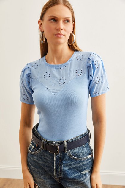Women's Baby Blue Roba Scallop Short Sleeve Stretchy Cotton Blouse Blz- 19002656
