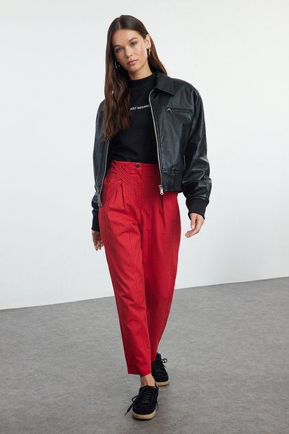 Pantaloni țesuți cu dungi roșii din bumbac, cu model morcov TWOAW22PL0342