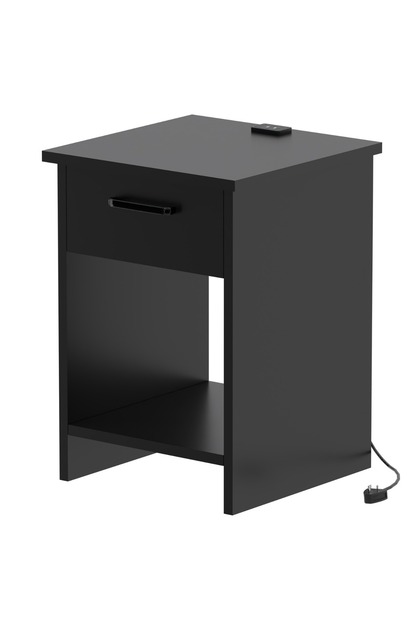 Black Night Stand with USB Ports, Single Drawer, and Open Shelves - Easy Assembly