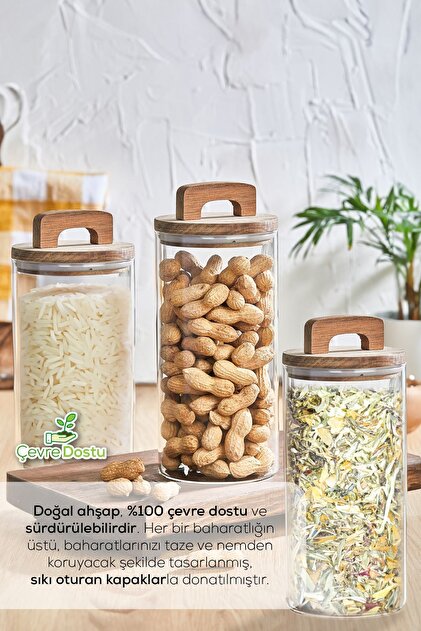 Vienev 3'lü 1400 ml Ahşap Kapaklı Tutacaklı Kavanoz - Fiyatı