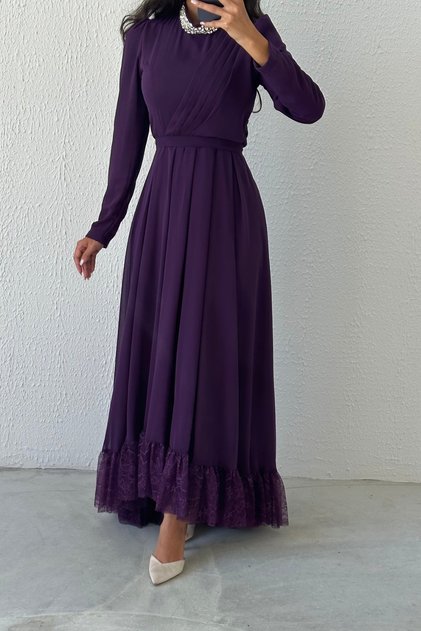 Purple Chiffon Hijab Evening Dress - Lace Skirt and Stone DeTail