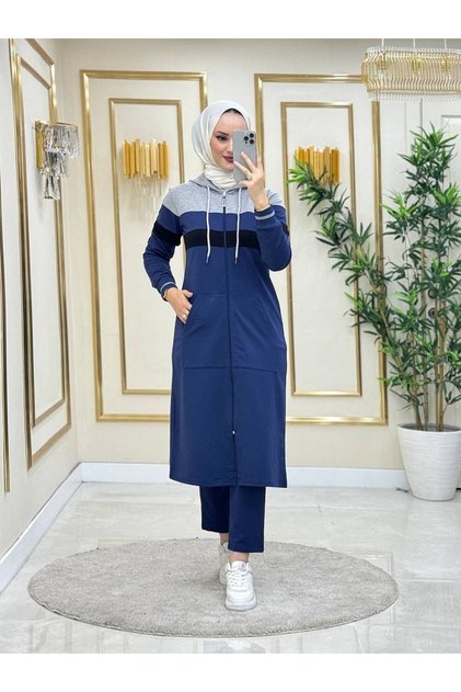 بدلة حجاب نسائية 2 قطعة قماش خيطين n-05216 _ كحلي