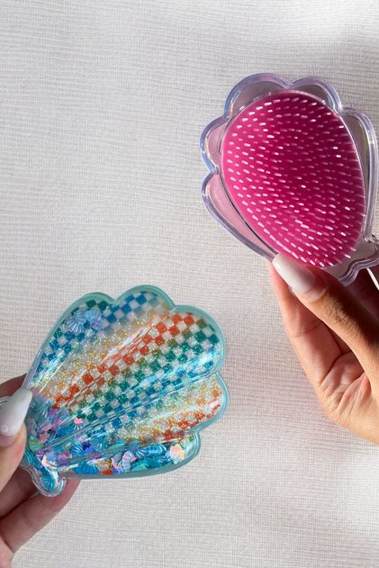 Mixed Color Seashell Detailed Square Figured Glitter Portable Hair Combing Brush/ Comb