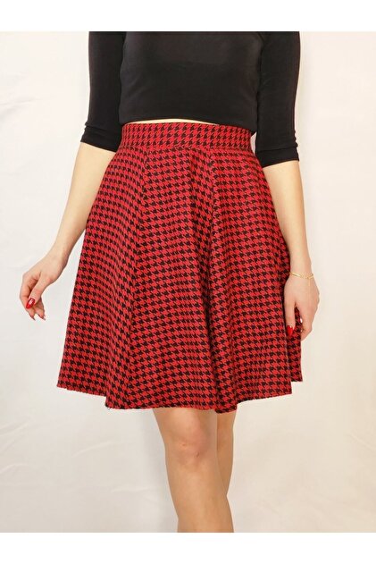 YAXİ Houndstooth Patterned Red Bell Skirt- Trendyol
