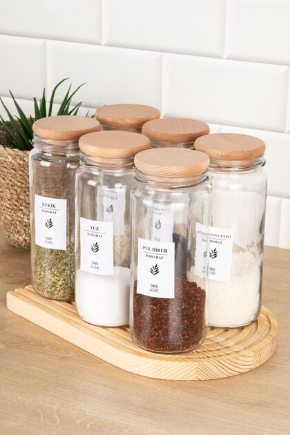 Set of 6 Wooden Spice Jars with Vacuum Lids, Labeled Glass Jar Storage Container 500 ml