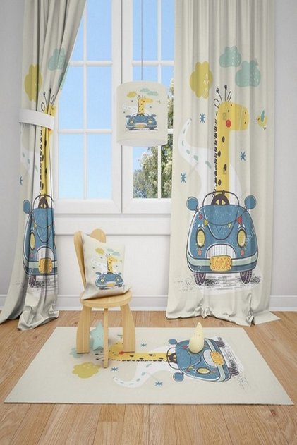 2 Wings Cici Carpet Giraffe And Sports Car Children Baby Room Background Curtain