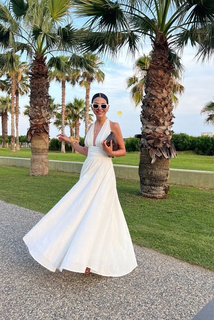 Beyaz Puglia Tasarım Sırt Detaylı Keten Elbise