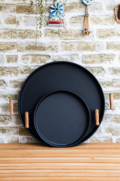 Set of 2 45 cm Black Metal Tray with Wooden Handles and 30 cm Black Tray Tea Coffee Presentation Tray