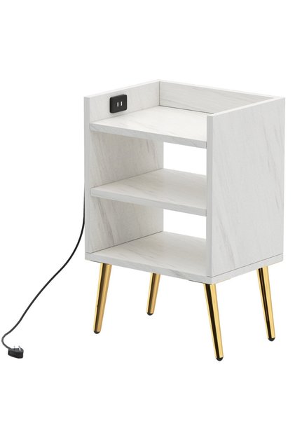 Modern Night Stand with USB Ports, 3 Shelves – White Marble Design for Bedroom/Living Room