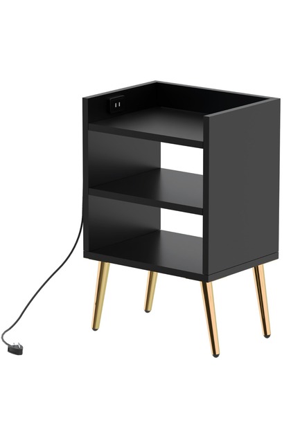 Modern Night Stand with USB A/C Ports & 3 Open Shelves - Black, Easy Assembly