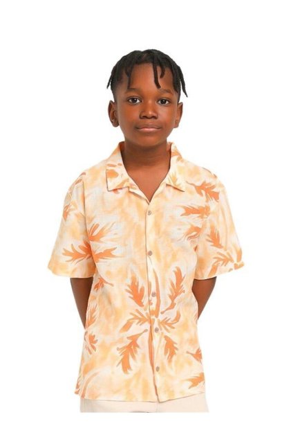 Boy's Cotton Orange Leaf Patterned Short Sleeve Shirt