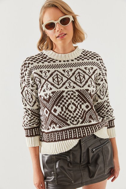 Pulover jacquard maro ecru pentru femei 20246194