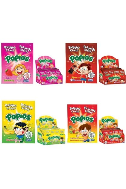 Exploding Candy Popios Set of 4 Strawberry Cola Banana Tutti Frutti 160 Pieces 4 Gr