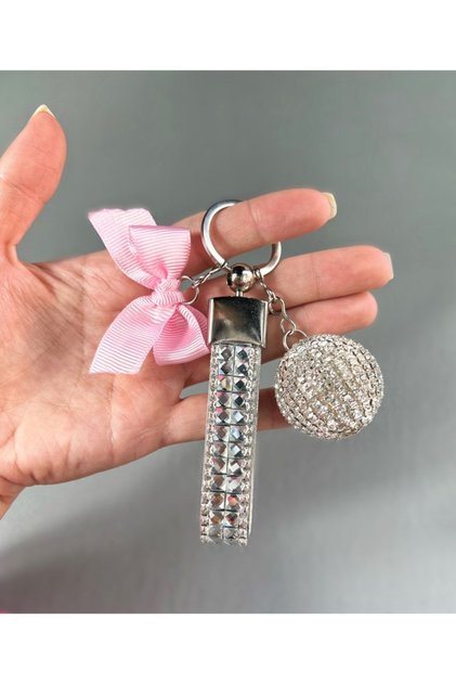 Silver Baguette Stone Logo-Free Disco Ball Keychain Light Pink Ribbon