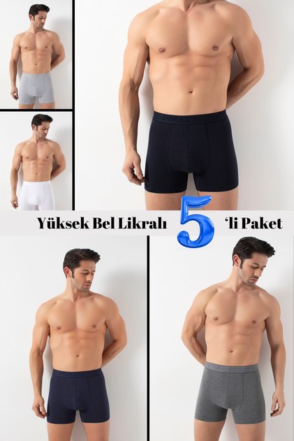 2300 5'li Karışık Renk Paket Erkek Yüksek Bel Likralı Boxer