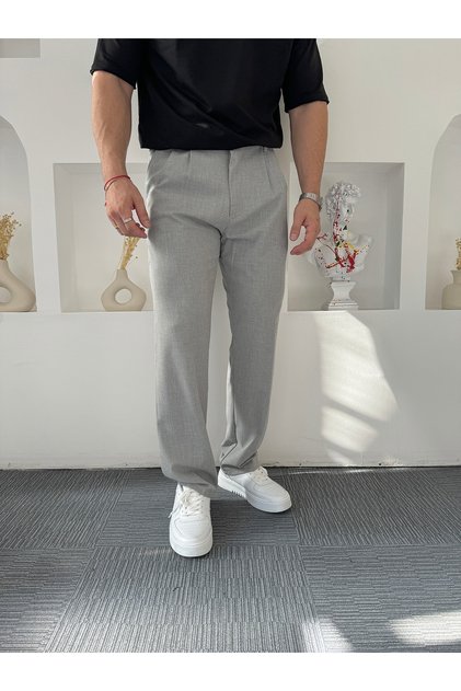 Açık Gri Baggy Pileli Kumaş Pantolon
