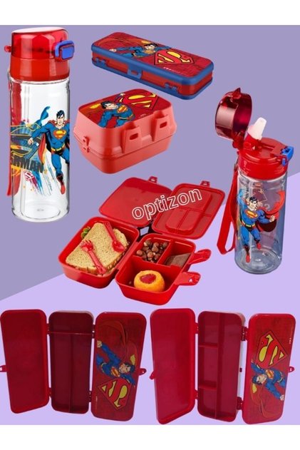 SUPERMAN 3-Piece Nutrition Set - Leakproof Drinker - 4-Compartment Nutrition with Fork and Spoon - 7-compartment Pen Holder