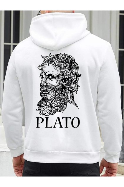 Hanorac cu glugă pentru bărbați, cu imprimeu Sırt Plato, Beyazz
