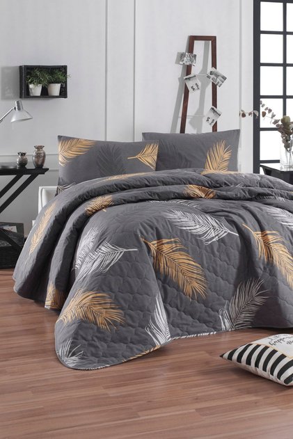 Quilted Bedspread Set Single Olivia Gold-Gray