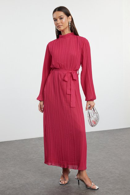 Fuchsia Pleated Woven Lined Chiffon Dress Tctss24Db00040